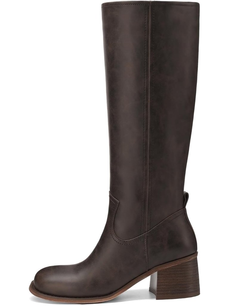 Women's Brown Square Toe Chunky Block Heel Casual Campus Tall Boots Western